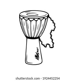Hand drawn djembe drum, musical instruments isolated on a white background. Celebration elements. Doodle, simple outline illustration. It can be used for decoration of textile, paper.