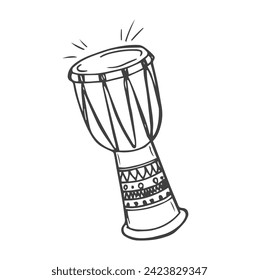 tambor djembe dibujado a mano, instrumentos musicales aislados en un fondo blanco. Elementos de celebración.