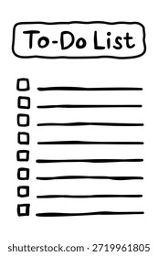 Uma ilustração de lista de verificação de lista de tarefas desenhada à mão com linhas e caixas de seleção vazias em um estilo simples em preto e branco. Adequado para design de planejador, conteúdo de produtividade e modelos de notas.