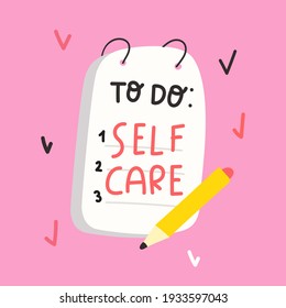 Hand drawn to do list with pencil. Self care. Vector illustration on pink background.