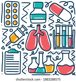 hand drawn doctor drugs doodle set with icons and design elements