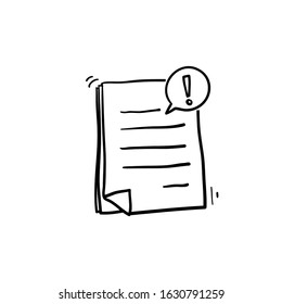 hand drawn Document with alert or error notification bubble vector icon, doodle cartoon paper text file content with exclamation message or comment symbol, caution or warning attention mark