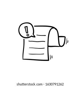 hand drawn Document with alert or error notification bubble vector icon, doodle cartoon paper text file content with exclamation message or comment symbol, caution or warning attention mark
