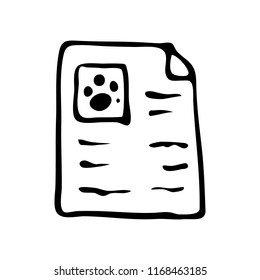 Hand drawn document with paw doodle. Sketch pets icon. Decoration element. Isolated on white background. Vector illustration.