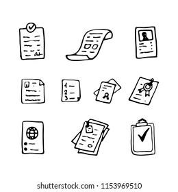 Hand Drawn documents doodles set. Sketch style icons. Decoration element. Isolated on white background. Flat design. Vector illustration.
