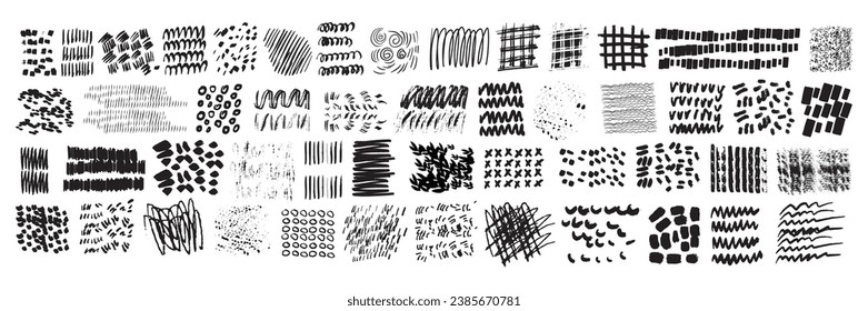 Hand drawn doddle texture set, vector circle pattern, curvy line ink pen, pencil wave scribble, dots. Grunge vintage organic shapes, simple geometric repeat stipe, paint strokes. Hatch doodle texture