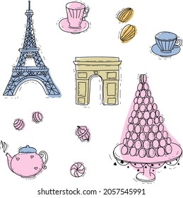 Hand drawn dodle set of french sweets and elements. Vector icons illustration . Highlights, logos, cards.