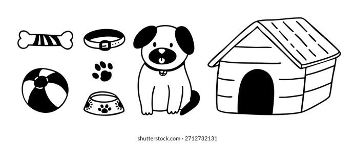 Hand drawn dog accessories set in doodle outline style. Vector collection of puppy illustrations.