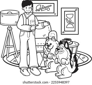 Hand Drawn dog is being trained by owner illustration in doodle style isolated on background