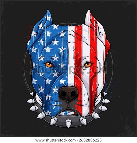 Hand drawn dog breed pit bull head in American flag pattern wearing a chain collar, celebrating 4th of July, honoring veterans day
