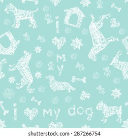 Hand drawn dog breeds fresh seamless pattern. All objects are conveniently grouped and are easily editable