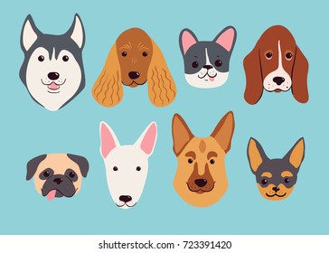 Hand drawn dog breeds set. Funny vector illustration.