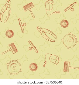 Hand drawn dog care set seamless pattern. Realistic dog collar with medal, bowl with dog biscuit, toy, slicker brush, nail clipper and adjustable leash