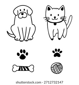 Hand drawn dog and cat set in outline doodle style. Vector collection of pet illustrations