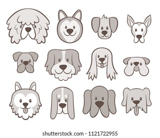 Hand drawn dog faces collection. Avatar icon set isolated on white. Vector illustration.