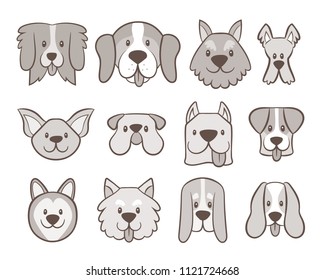 Hand drawn dog faces collection. Avatar icon set isolated on white. Vector illustration.