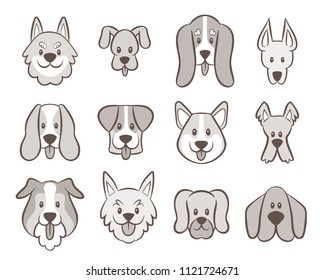 Hand drawn dog faces collection. Avatar icon set isolated on white. Vector illustration.
