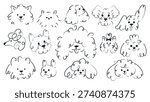 Hand drawn dog faces set in minimal crayon line style. Collection of whimsical  puppy head sketches. Suitable for stickers, branding, pet design and children projects.