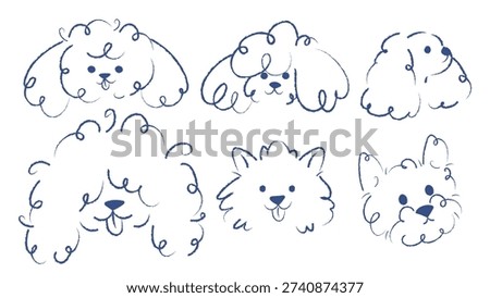 Hand drawn dog faces set in minimal crayon line style. Collection of whimsical  puppy head sketches. Suitable for stickers, branding, pet design and children projects.
