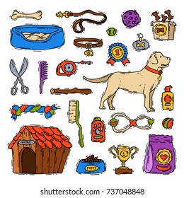 Hand drawn dog friend vector accessory canine animal pet grooming doggy toys equipment set veterinary play tool friendly sketch illustration