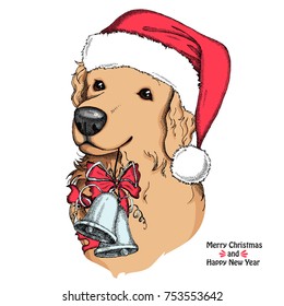  Hand drawn dog. Golden retriever in the red cap of Santa with Christmas bells. Print for t-shirts and bags design, poster or postcard