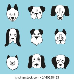 Hand drawn dog head icons. Vector set of cartoon dogs faces.