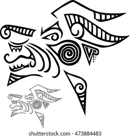 Hand drawn dog head stylized Maori tattoo. Vector