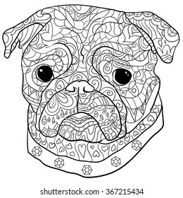 Hand drawn dog mops . Isolated on white background. anti stress Coloring Page Vector monochrome sketch.