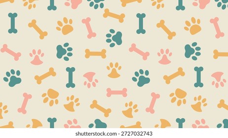Dibujado a mano pata de perro y hueso sin patrón en colores pastel cálidos. Fondo de Vector minimalista de la huella animal para el diseño textil