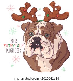 Hand drawn dog portrait with Christmas accessories Vector. Isolated objects for your design. Each object can be changed and moved.