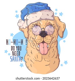 Hand drawn dog portrait with Christmas accessories Vector. Isolated objects for your design. Each object can be changed and moved.