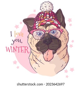 Hand drawn dog portrait with Christmas accessories Vector. Isolated objects for your design. Each object can be changed and moved.