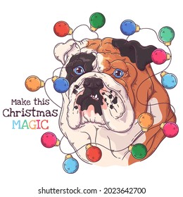 Hand drawn dog portrait with Christmas accessories Vector. Isolated objects for your design. Each object can be changed and moved.