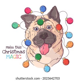 Hand drawn dog portrait with Christmas accessories Vector. Isolated objects for your design. Each object can be changed and moved.