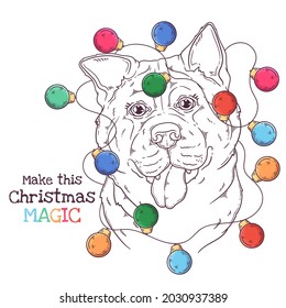 Hand drawn dog portrait with Christmas accessories Vector. Isolated objects for your design. Each object can be changed and moved.