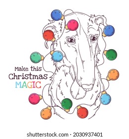 Hand drawn dog portrait with Christmas accessories Vector. Isolated objects for your design. Each object can be changed and moved.