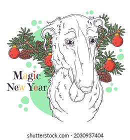 Hand drawn dog portrait with Christmas accessories Vector. Isolated objects for your design. Each object can be changed and moved.