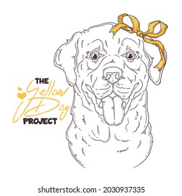 Hand drawn dog portrait with yellow ribbon Vector. Isolated objects for your design. Each object can be changed and moved.