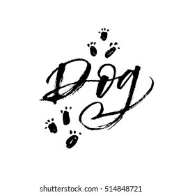 Hand drawn dog postcard. Hand drawn positive background. Ink illustration. Modern brush calligraphy. Isolated on white background. 