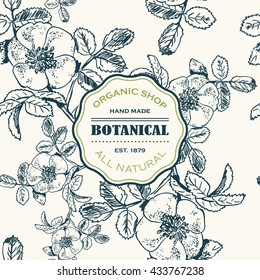 Hand drawn dog rose. Seamless pattern. Botanical card. Organic shop. Floral shop. Vector illustration
