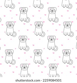 Hand Drawn Dog Seamless Patern.Collection of funny dog with pink hearts in cartoon style. Cute pet in daily routine, isolated on white background. Vector illustration.