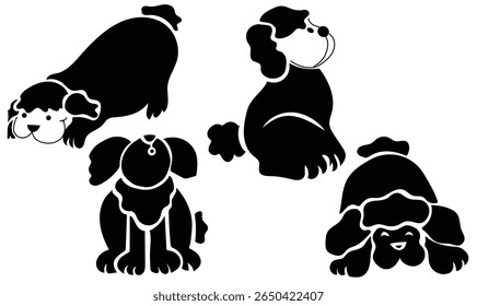 hand drawn dog silhouette doodles in different sitting and lying poses. Designed in a playful, cartoon style, perfect for use in children’s projects, pet-themed prints, stickers, coloring books, brand