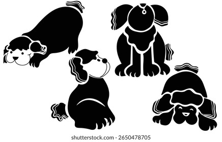 hand drawn dog silhouette doodles in different sitting and lying poses. Playful, cartoon style, perfect for use in children’s projects, pet-themed prints, stickers, coloring books. Illustrat3