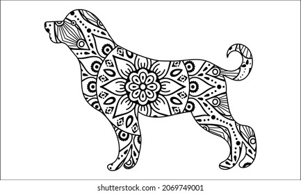 Hand drawn dog. Sketch for anti-stress adult coloring book in zen-tangle style. Vector illustration for coloring page.