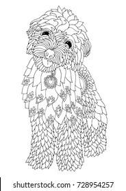 Hand drawn dog. Sketch for anti-stress adult coloring book in zen-tangle style. Vector illustration  for coloring page.