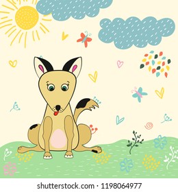 Hand drawn dog. Vector cute card with flower and plants. Vector illustration.