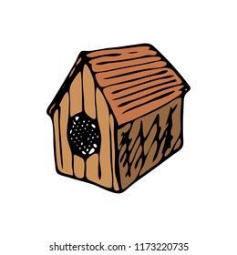 Hand drawn doghouse doodle. Color sketch pets icon. Decoration element. Isolated on white background. Vector illustration.