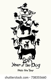 Hand drawn Dogs 2018. Art postcard. New Year on the Chinese calendar. Ink doodle doggies.