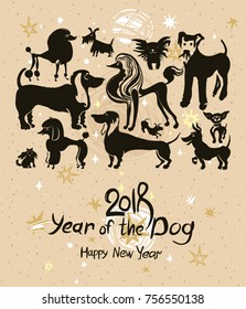 Hand drawn Dogs 2018. Greeting card. New Year on the Chinese calendar. Ink doodle doggies.