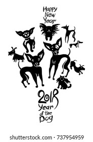 Hand drawn Dogs 2018. New Year on the Chinese calendar. Ink doodle doggies.